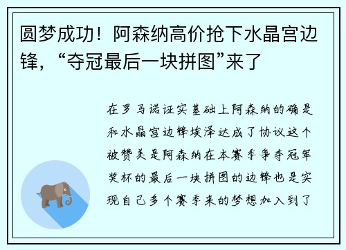 圆梦成功！阿森纳高价抢下水晶宫边锋，“夺冠最后一块拼图”来了